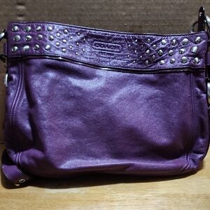 Coach Purple Leather Studded Shoulder Bag with Silver Hardware